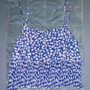 Blue Floral Ribbed Tank Top